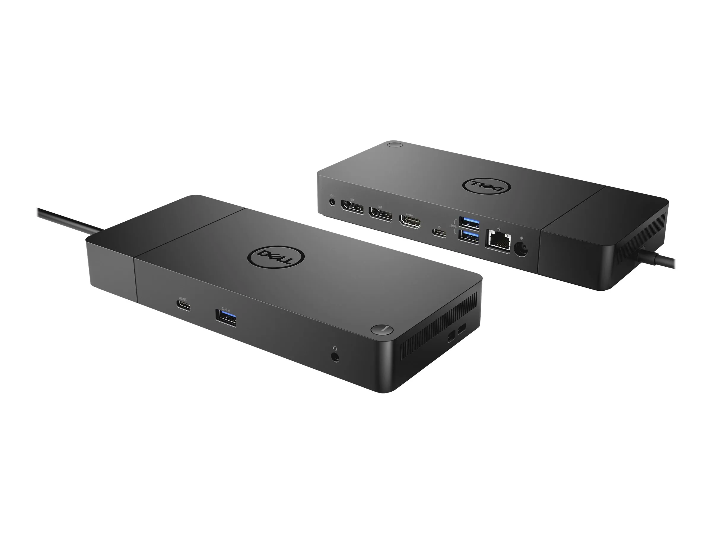 Dell WD19DCS K20A Dockingstation aus zwei Perspektiven: Vorderseite mit USB-C und Audioanschluss sowie Rückseite mit USB, Netzwerk- und Display-Anschlüssen