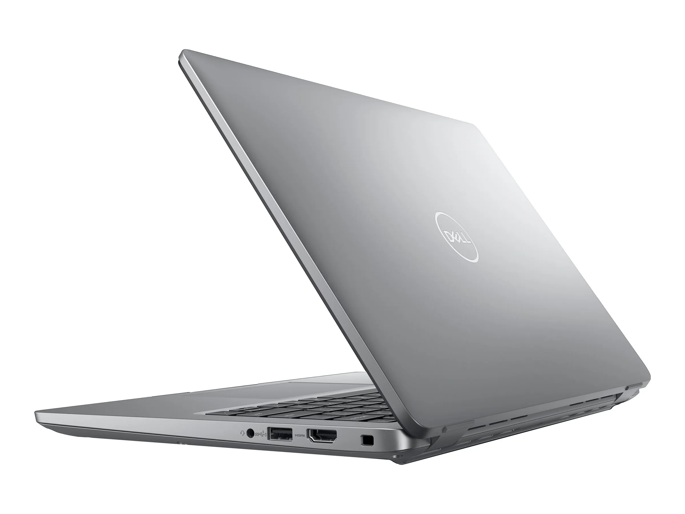 Dell Latitude E5440 Laptop in silberner Ausführung, schräg von hinten links fotografiert, leicht geöffnet mit sichtbaren Anschlüssen