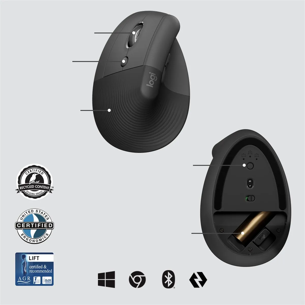 Logitech Lift for Business | Vertikale Maus | ergonomisch | für Linkshänder