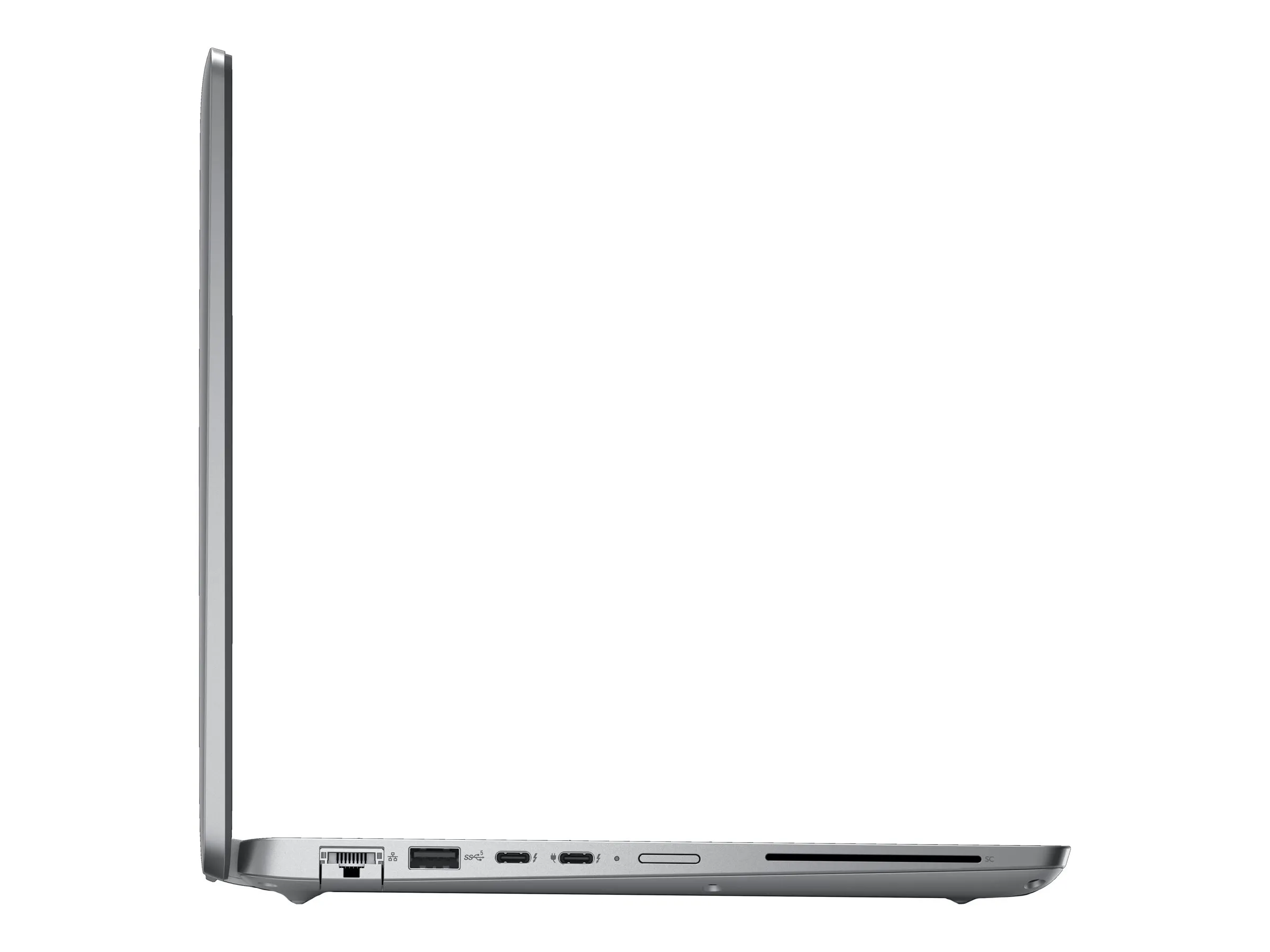Seitliche Profilansicht eines geöffneten Dell Latitude E5440 Laptops mit sichtbaren Anschlüssen auf der linken Gehäuseseite