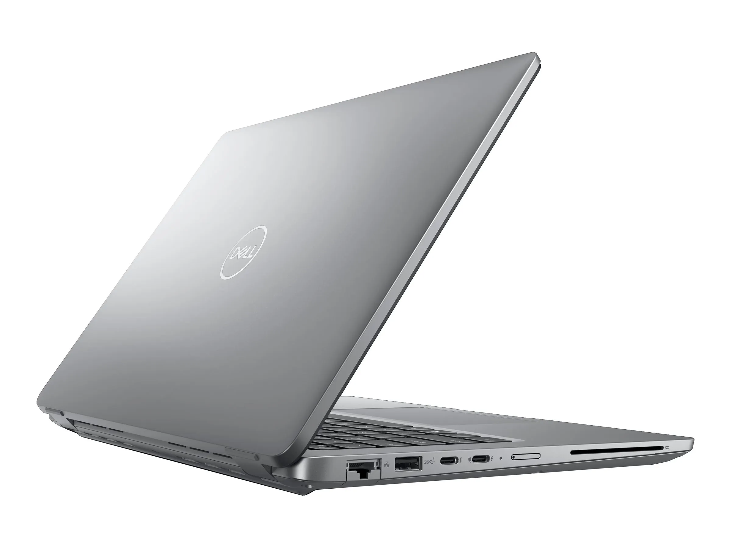 Dell Latitude E5440 Laptop in silber, schräg von hinten rechts fotografiert, leicht geöffnet mit sichtbarer Tastatur und Lüftungsschlitzen