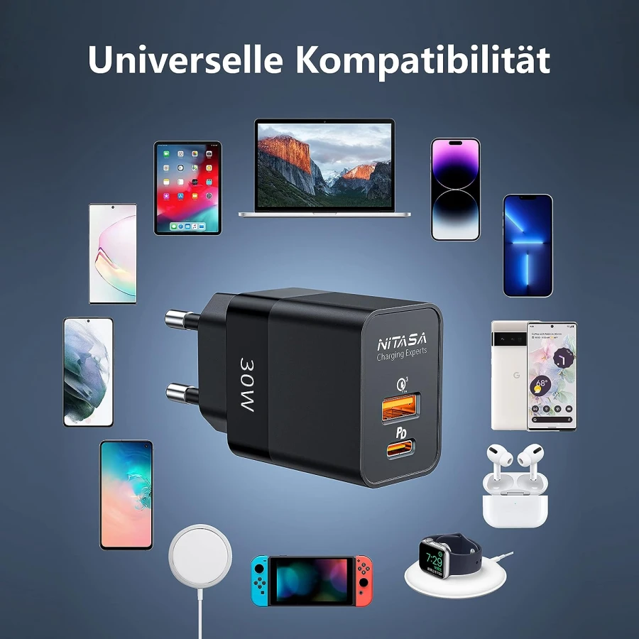 Universal USB-C Ladegerät 30W | 2 Port Netzteil für Apple und Samsung
